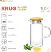 Wilmax Krug 1000 ml mit Bambusdeckel Transparent Thermoglas – Anwendungs- oder Detailansicht; Lieferumfang: 1 Stück