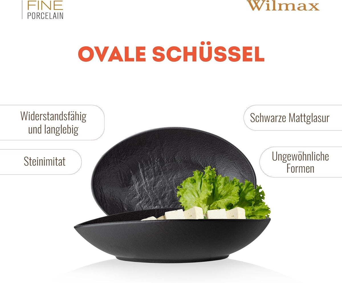 Wilmax Ovale Servierschale 25 × 16,5 × 6 cm 2er-Set Schwarz Porzellan – Anwendungs- oder Detailansicht; Lieferumfang: 2 Stück