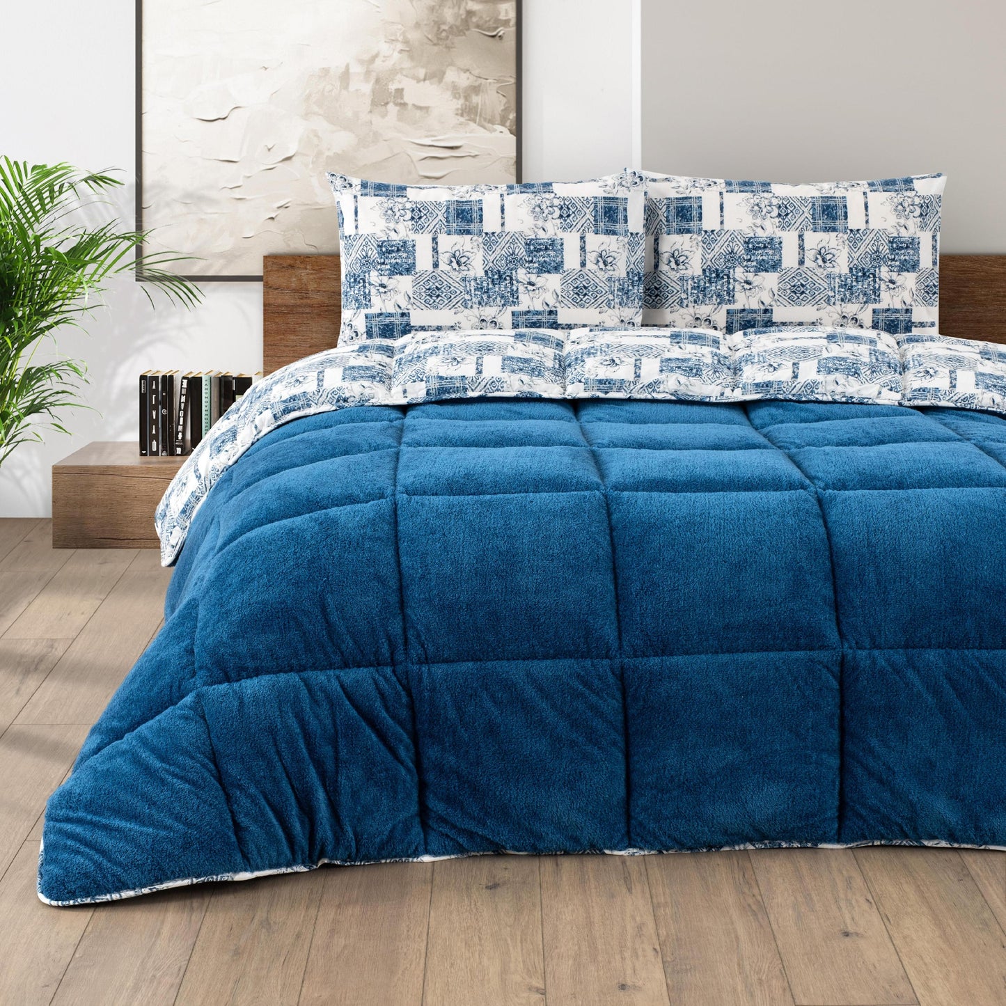 HELDENA Wellsoft Bettdecke Blau – Doppelseitig Ganzjahresdecke mit Kissenbezug