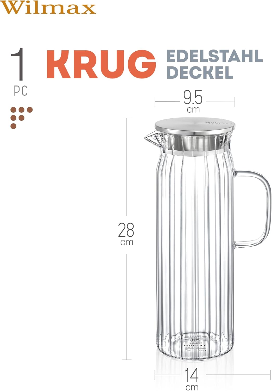 Wilmax Krug 1500 ml mit Edelstahldeckel Transparent Thermoglas – Anwendungs- oder Detailansicht; Lieferumfang: 1 Stück