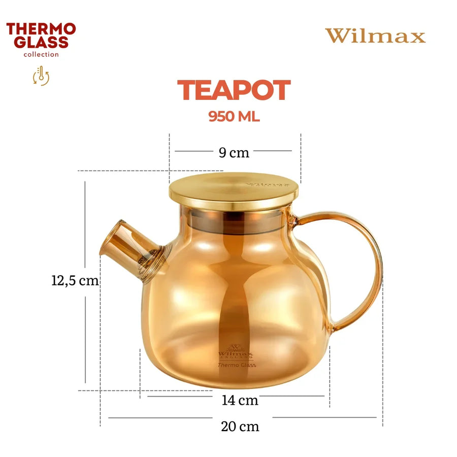 Wilmax Teekanne 950 ml  mit Federfilter und mit Edelstahldeckel Gold Thermoglas – Anwendungs- oder Detailansicht; Lieferumfang: 1 Stück