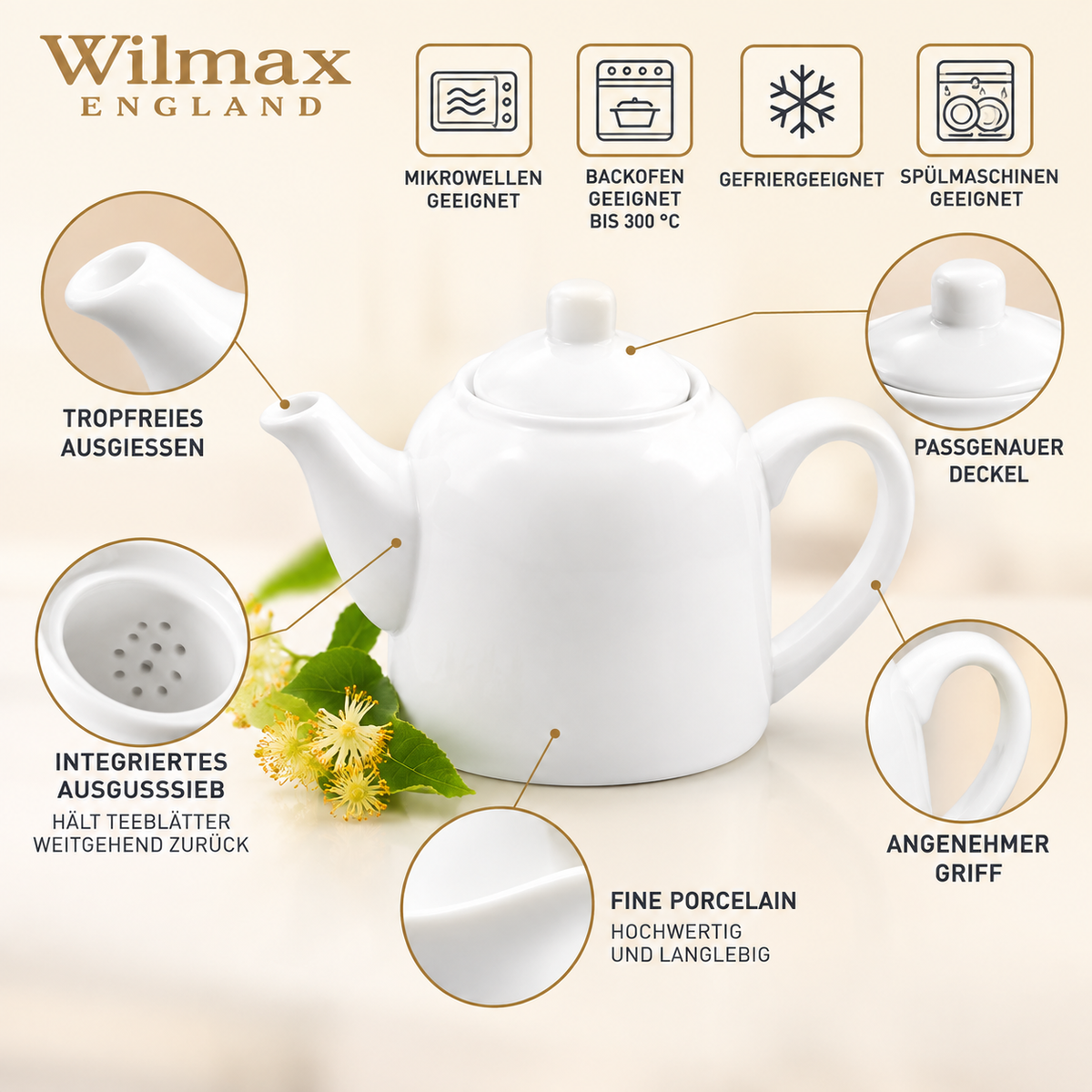 Wilmax Kaffee- und Teekanne mit Ausgusssieb 500 ml Weiß Porzellan – Anwendungs- oder Detailansicht; Lieferumfang: 1 Stück