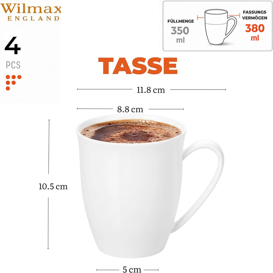 Wilmax Tasse 380 ml 4er-Set Weiß Porzellan – Anwendungs- oder Detailansicht; Lieferumfang: 4 Stück