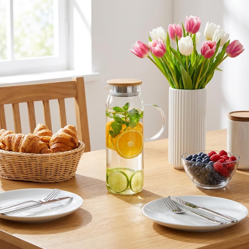 Wilmax Krug 1500 ml mit Bambusdeckel Transparent Thermoglas – Anwendungs- oder Detailansicht; Lieferumfang: 1 Stück