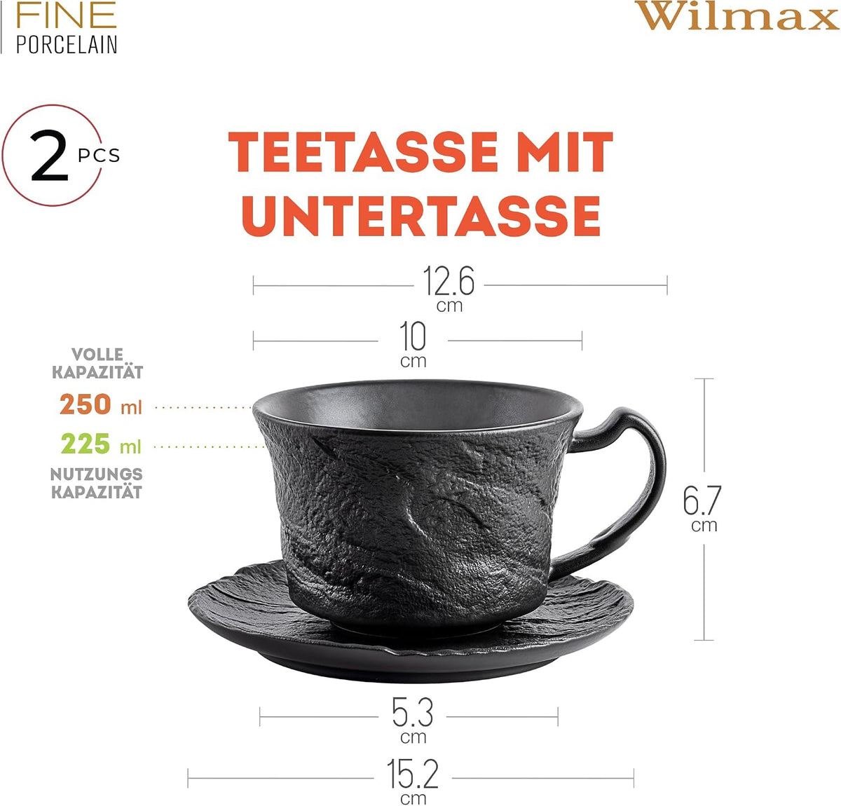 Wilmax Tasse mit Untertasse 250 ml 2er-Set Schwarz Porzellan – Anwendungs- oder Detailansicht; Lieferumfang: 2 Tassen mit 2 Untertassen