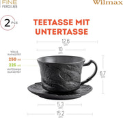 Wilmax Tasse mit Untertasse 250 ml 2er-Set Schwarz Porzellan – Anwendungs- oder Detailansicht; Lieferumfang: 2 Tassen mit 2 Untertassen