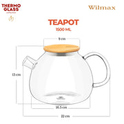Wilmax Teekanne 1500 ml mit Federfilter und Bambusdeckel Transparent Thermoglas – Anwendungs- oder Detailansicht; Lieferumfang: 1 Stück