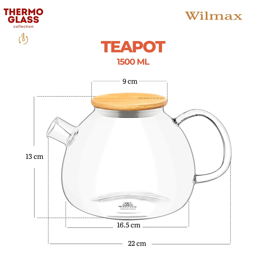 Wilmax Teekanne 1500 ml mit Federfilter und Bambusdeckel Transparent Thermoglas – Anwendungs- oder Detailansicht; Lieferumfang: 1 Stück