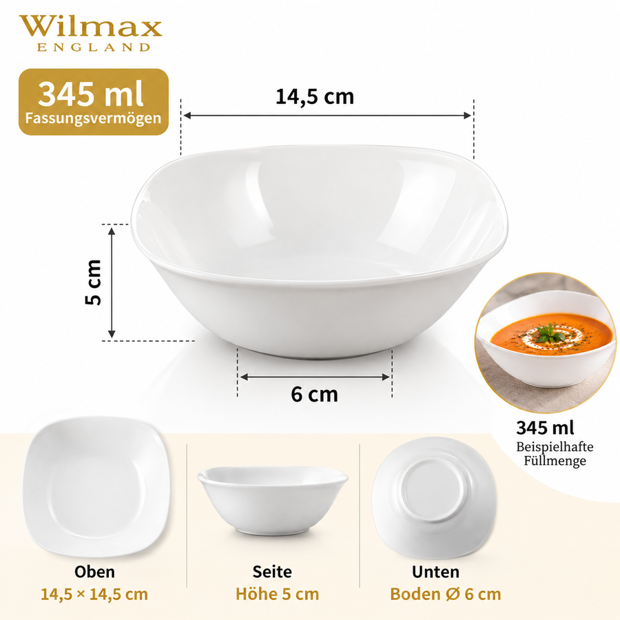 Wilmax Schale 345 ml 14,5 × 14,5 cm 6er-Set Weiß Porzellan – Anwendungs- oder Detailansicht; Lieferumfang: 6 Stück