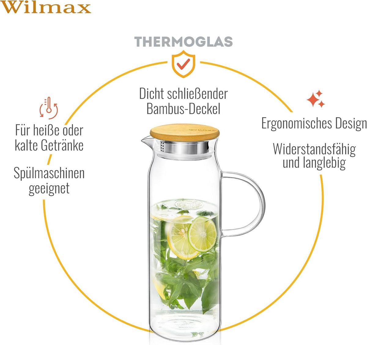 Wilmax Krug 1500 ml mit Bambusdeckel Transparent Thermoglas – Anwendungs- oder Detailansicht; Lieferumfang: 1 Stück