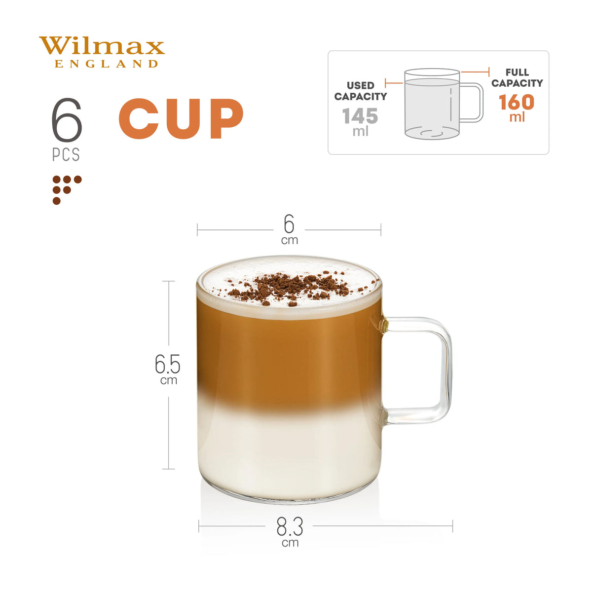Wilmax Kaffeetasse 160 ml 6er-Set Transparent Borosilikatglas – Anwendungs- oder Detailansicht; Lieferumfang: 6 Stück