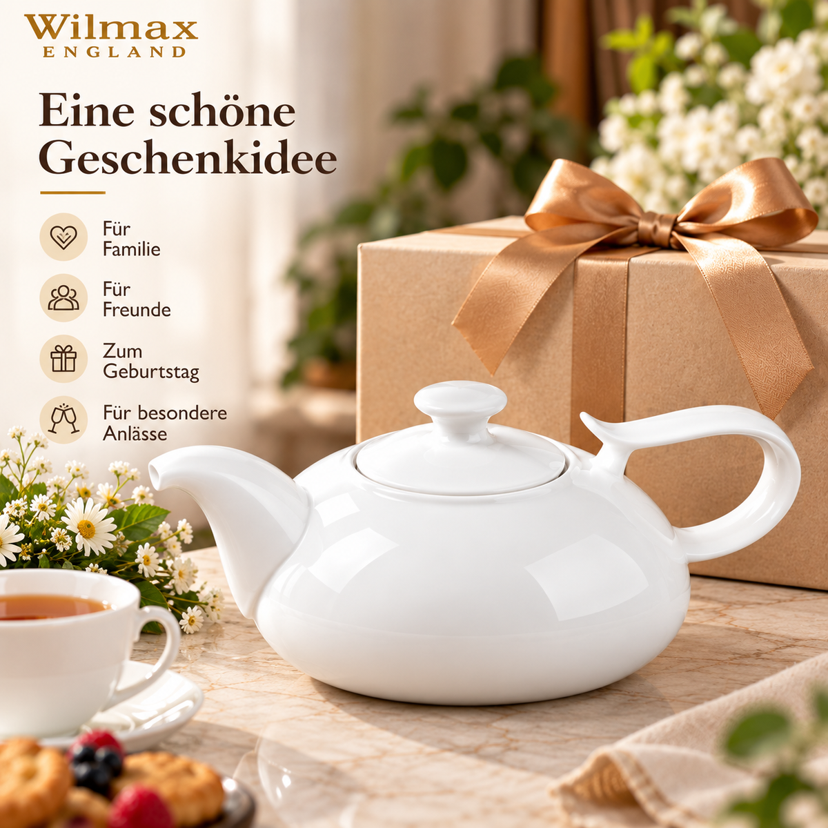 Wilmax Kaffee- und Teekanne mit Ausgusssieb 2250 ml Weiß Porzellan – Anwendungs- oder Detailansicht; Lieferumfang: 1 Stück