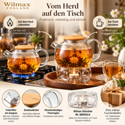 Wilmax Teekanne 1500 ml mit Federfilter und Bambusdeckel Transparent Thermoglas – Anwendungs- oder Detailansicht; Lieferumfang: 1 Stück
