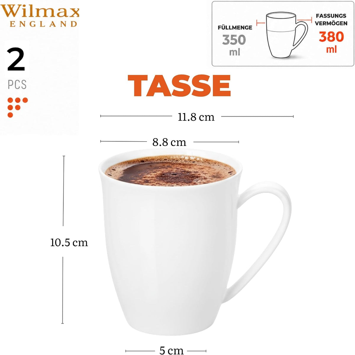 Wilmax Tasse 380 ml 2er-Set Weiß Porzellan – Anwendungs- oder Detailansicht; Lieferumfang: 2 Stück