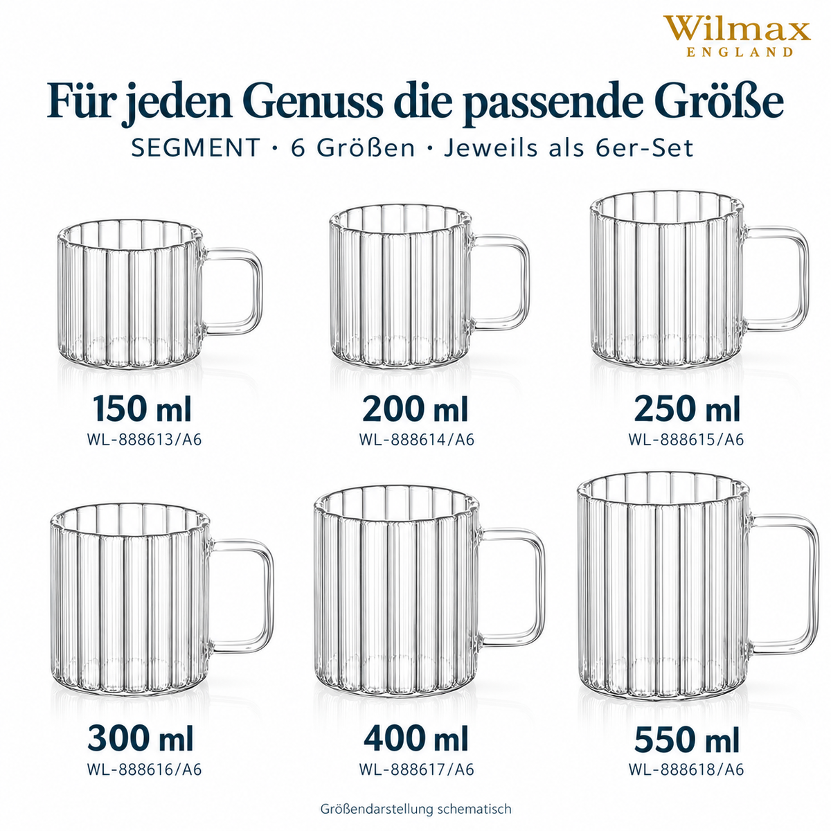 Wilmax Hitzebeständige Glastasse mit Henkel 250 ml 6er-Set Glas – Anwendungs- oder Detailansicht; Lieferumfang: 6 Stück