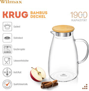 Wilmax Krug 1900 ml mit Bambusdeckel Transparent Thermoglas – Anwendungs- oder Detailansicht; Lieferumfang: 1 Stück
