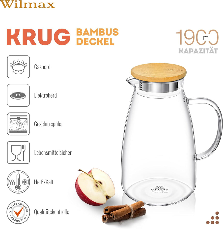 Wilmax Krug 1900 ml mit Bambusdeckel Transparent Thermoglas – Anwendungs- oder Detailansicht; Lieferumfang: 1 Stück