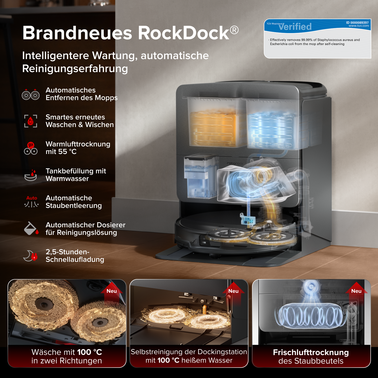 Roborock Saros 20 Saugroboter mit Heißwasser-RockDock-Station