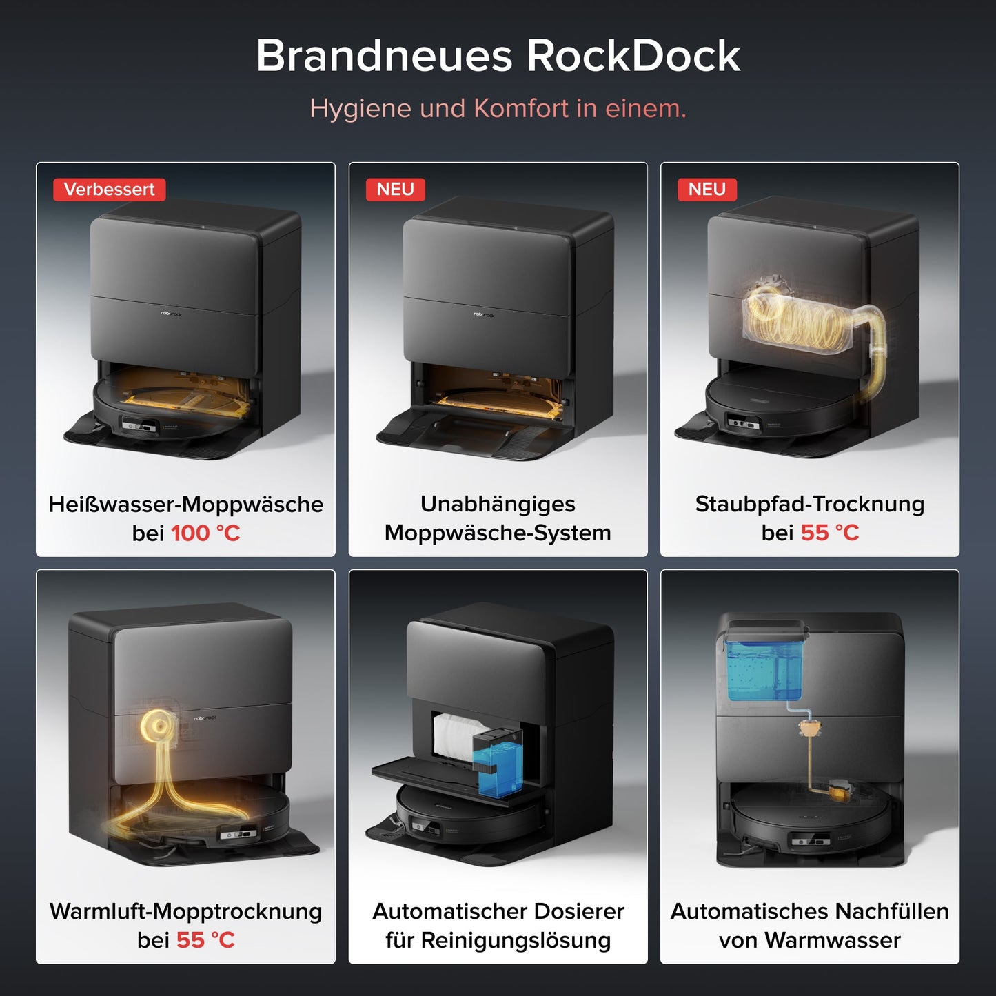 Roborock Saros 20 Sonic in Schwarz mit Heißwasser-RockDock und VibraRise Wischsystem