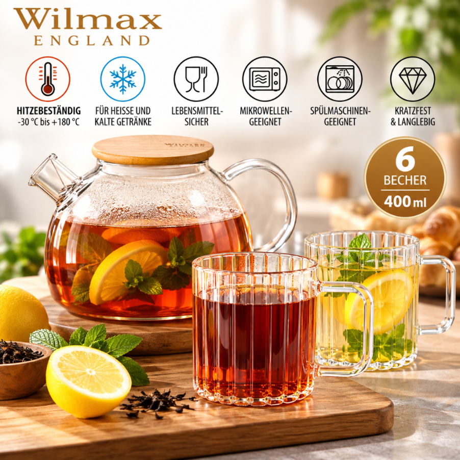 Wilmax Glasbecher mit Henkel 400 ml 6er-Set Glas – Anwendungs- oder Detailansicht; Lieferumfang: 6 Stück