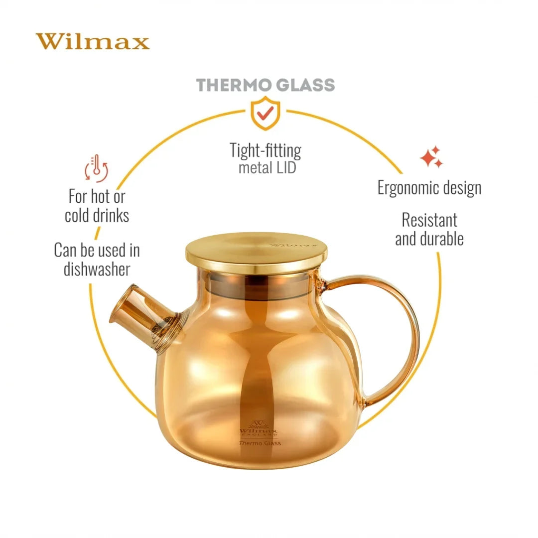 Wilmax Teekanne 950 ml  mit Federfilter und mit Edelstahldeckel Gold Thermoglas – Anwendungs- oder Detailansicht; Lieferumfang: 1 Stück