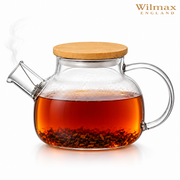 Wilmax Teekanne 950 ml mit Federfilter und Bambusdeckel Transparent Thermoglas – Produktansicht; Lieferumfang: 1 Stück