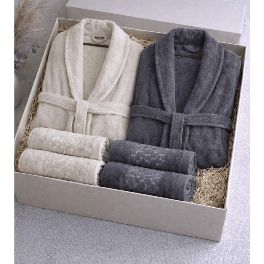 HELDENA Bademantel & Handtuch Set Anthrazit-Grau 6-teilig Jacquard für 2 Personen