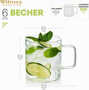 Wilmax Glastasse 500 ml 6er-Set Transparent Borosilikatglas – Anwendungs- oder Detailansicht; Lieferumfang: 6 Stück