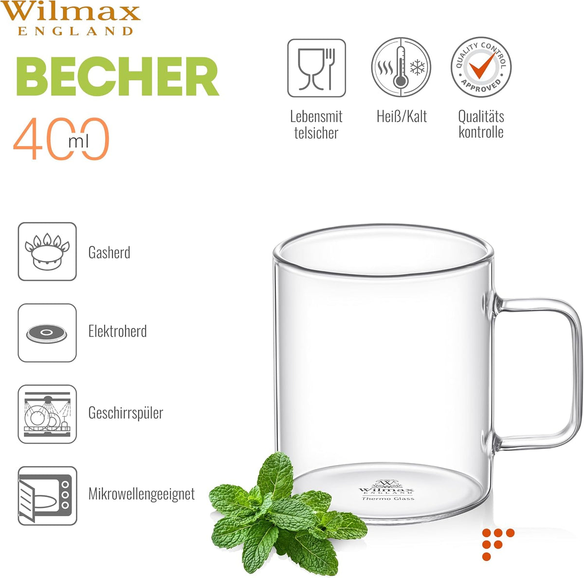 Wilmax Kaffeetasse 400 ml 6er-Set Transparent Borosilikatglas – Anwendungs- oder Detailansicht; Lieferumfang: 6 Stück