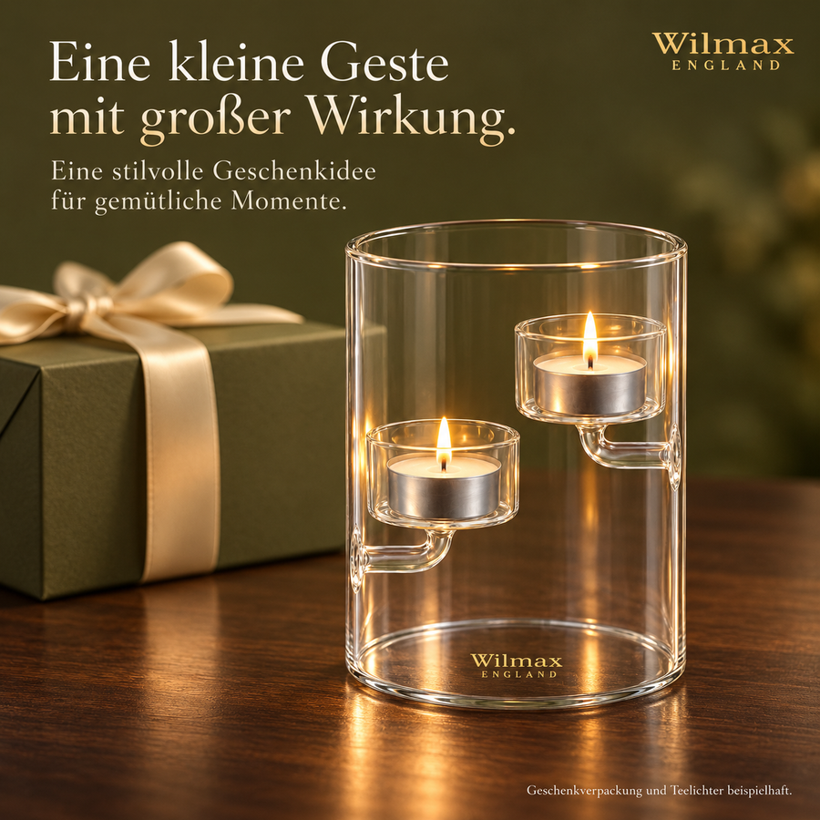 Wilmax Teelichthalter für 2 Teelichter 12 cm Transparent Glas – Anwendungs- oder Detailansicht; Lieferumfang: 1 Stück