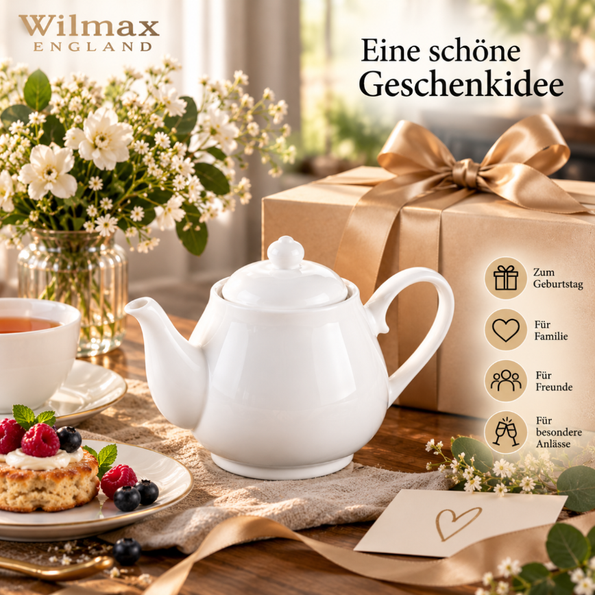 Wilmax Kaffee- und Teekanne mit Ausgusssieb 850 ml Weiß Porzellan – Anwendungs- oder Detailansicht; Lieferumfang: 1 Stück
