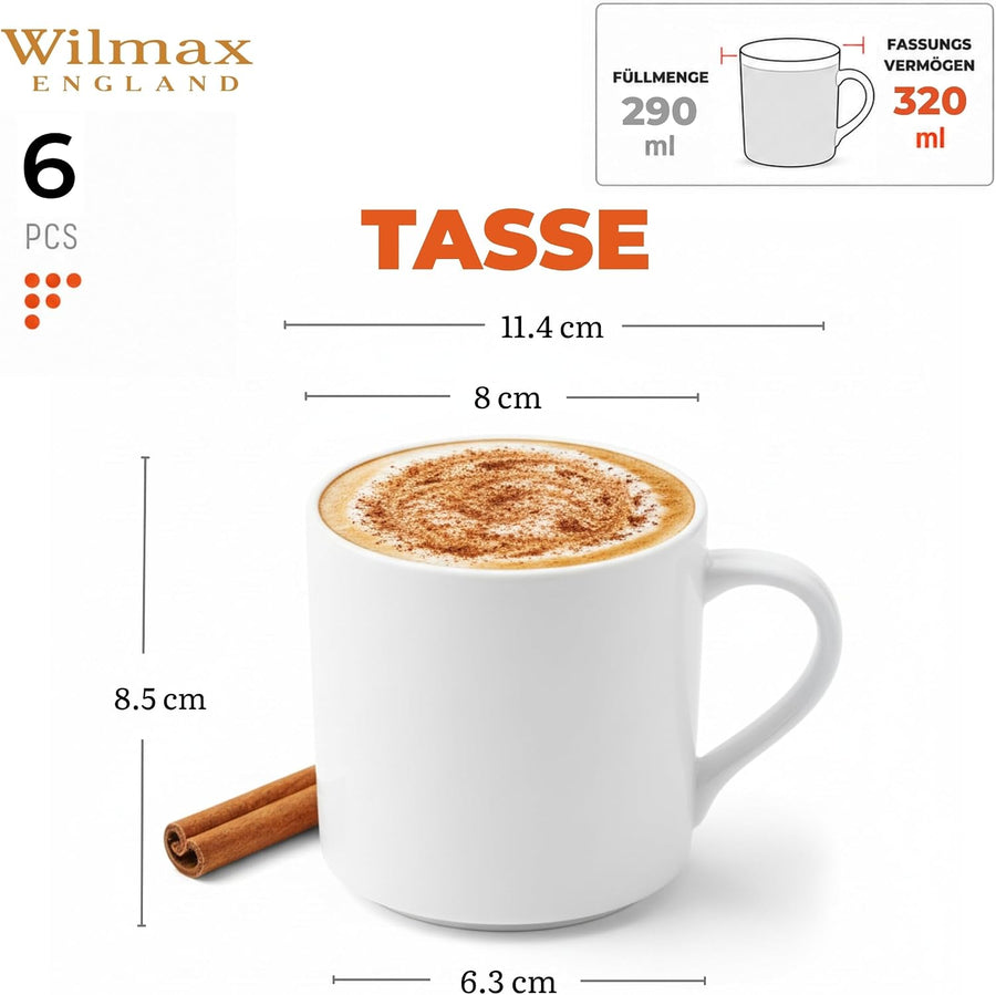 Wilmax Becher 320 ml 6er-Set Weiß Porzellan – Anwendungs- oder Detailansicht; Lieferumfang: 6 Stück