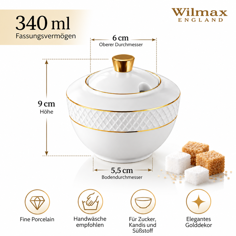 Wilmax Zuckerdose 340 ml Weiß mit Golddekor Porzellan – Anwendungs- oder Detailansicht; Lieferumfang: 1 Stück