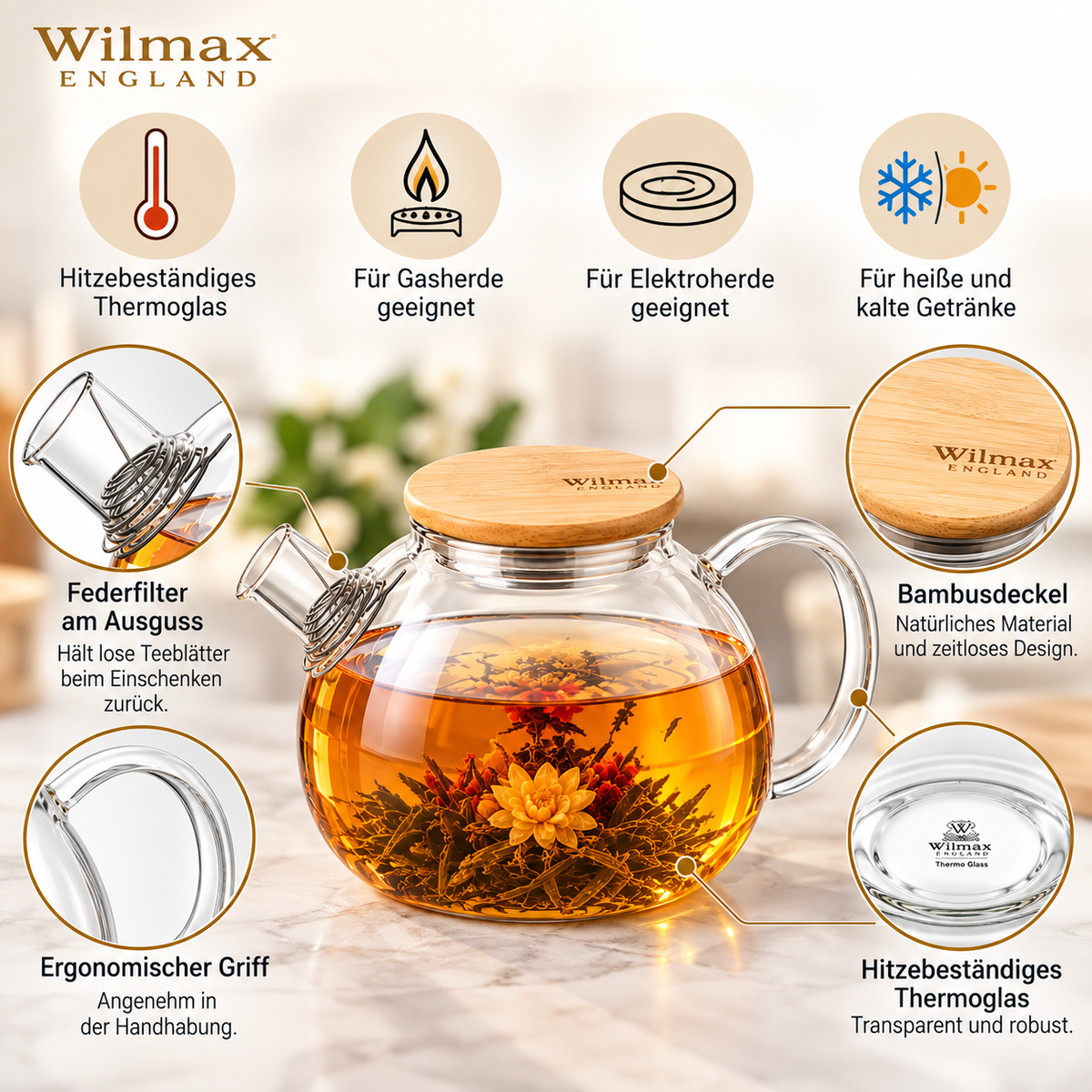 Wilmax Teekanne 1500 ml mit Federfilter und Bambusdeckel Transparent Thermoglas – Anwendungs- oder Detailansicht; Lieferumfang: 1 Stück