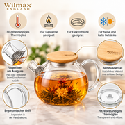Wilmax Teekanne 1500 ml mit Federfilter und Bambusdeckel Transparent Thermoglas – Anwendungs- oder Detailansicht; Lieferumfang: 1 Stück
