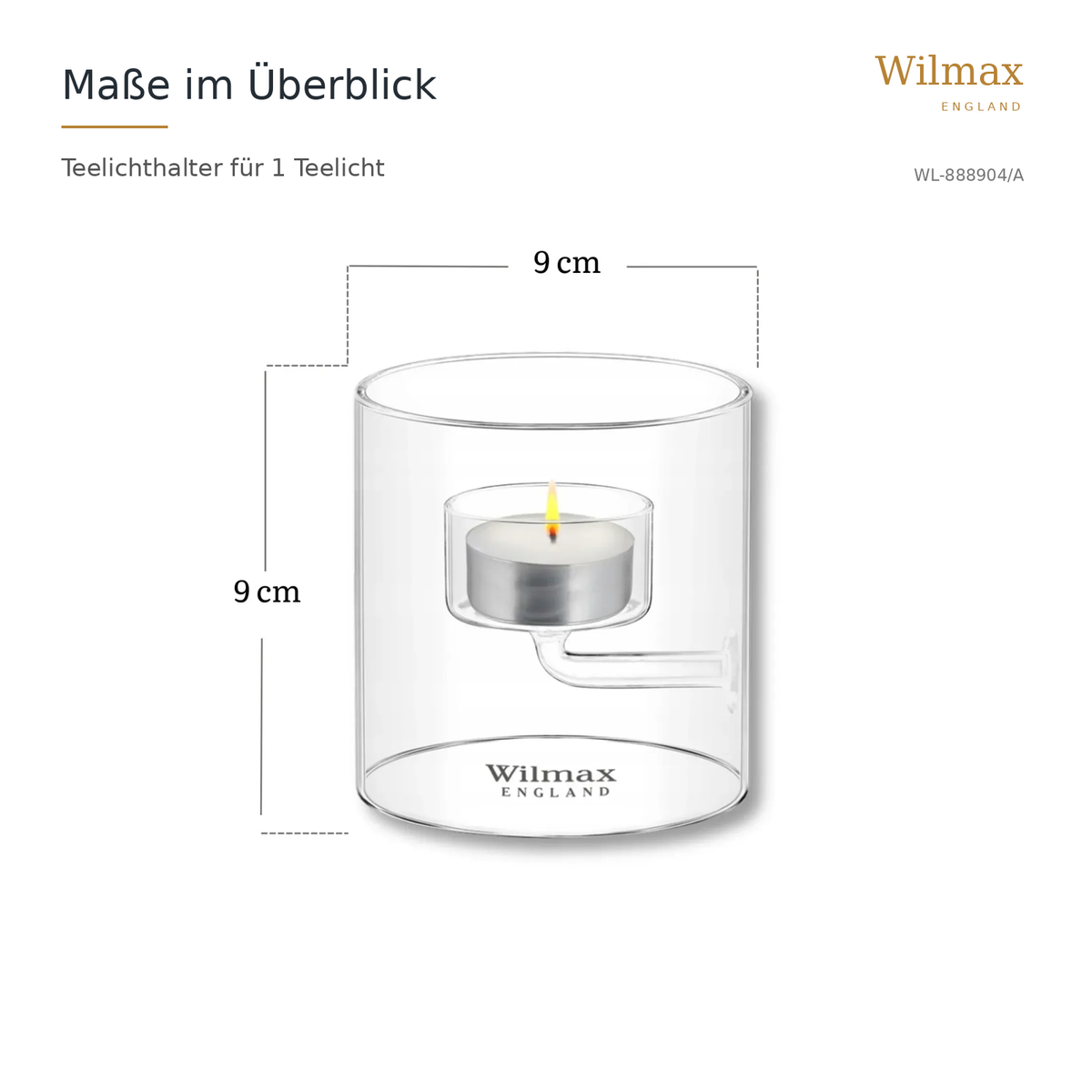 Wilmax Teelichthalter für 1 Teelicht 9 cm Transparent Glas – Anwendungs- oder Detailansicht; Lieferumfang: 1 Stück