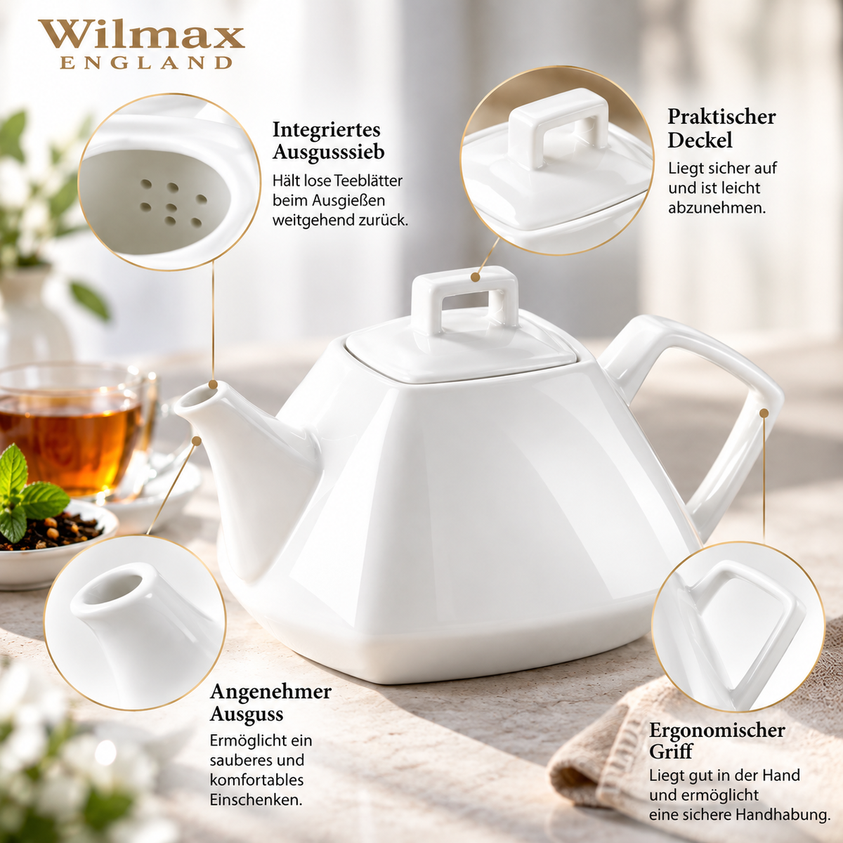 Wilmax Kaffee- und Teekanne mit Ausgusssieb 1050 ml Weiß Porzellan – Anwendungs- oder Detailansicht; Lieferumfang: 1 Stück