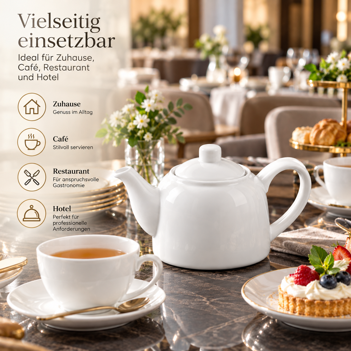 Wilmax Kaffee- und Teekanne mit Ausgusssieb 500 ml Weiß Porzellan – Anwendungs- oder Detailansicht; Lieferumfang: 1 Stück