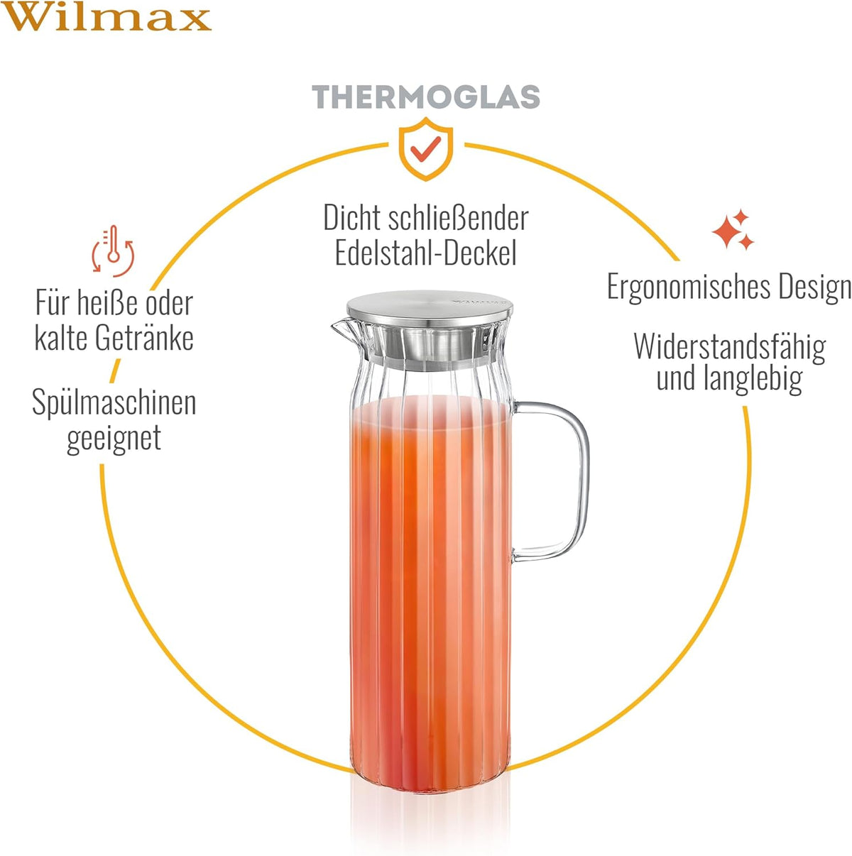 Wilmax Krug 1500 ml mit Edelstahldeckel Transparent Thermoglas – Anwendungs- oder Detailansicht; Lieferumfang: 1 Stück
