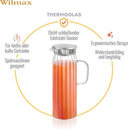 Wilmax Krug 1500 ml mit Edelstahldeckel Transparent Thermoglas – Anwendungs- oder Detailansicht; Lieferumfang: 1 Stück