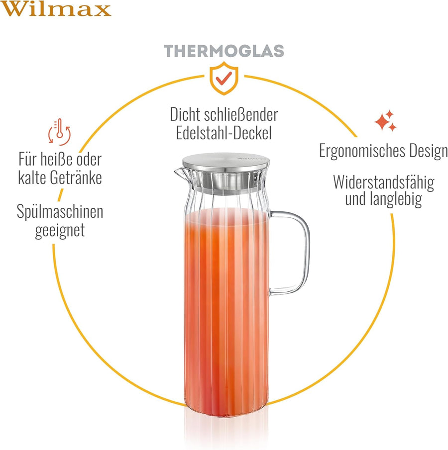 Wilmax Krug 1500 ml mit Edelstahldeckel Transparent Thermoglas – Anwendungs- oder Detailansicht; Lieferumfang: 1 Stück