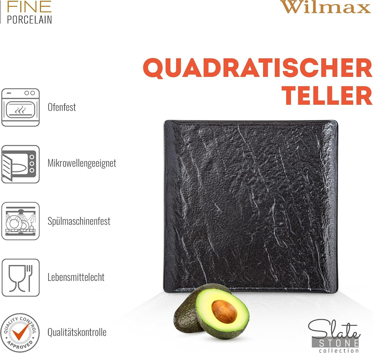 Wilmax Quadratische Servierplatte 27 × 27 cm 2er-Set Schwarz Porzellan – Anwendungs- oder Detailansicht; Lieferumfang: 2 Stück