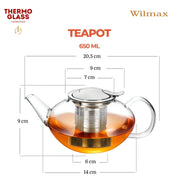 Wilmax Teekanne 650 ml mit Edelstahlfilter Transparent Thermoglas – Anwendungs- oder Detailansicht; Lieferumfang: 1 Stück