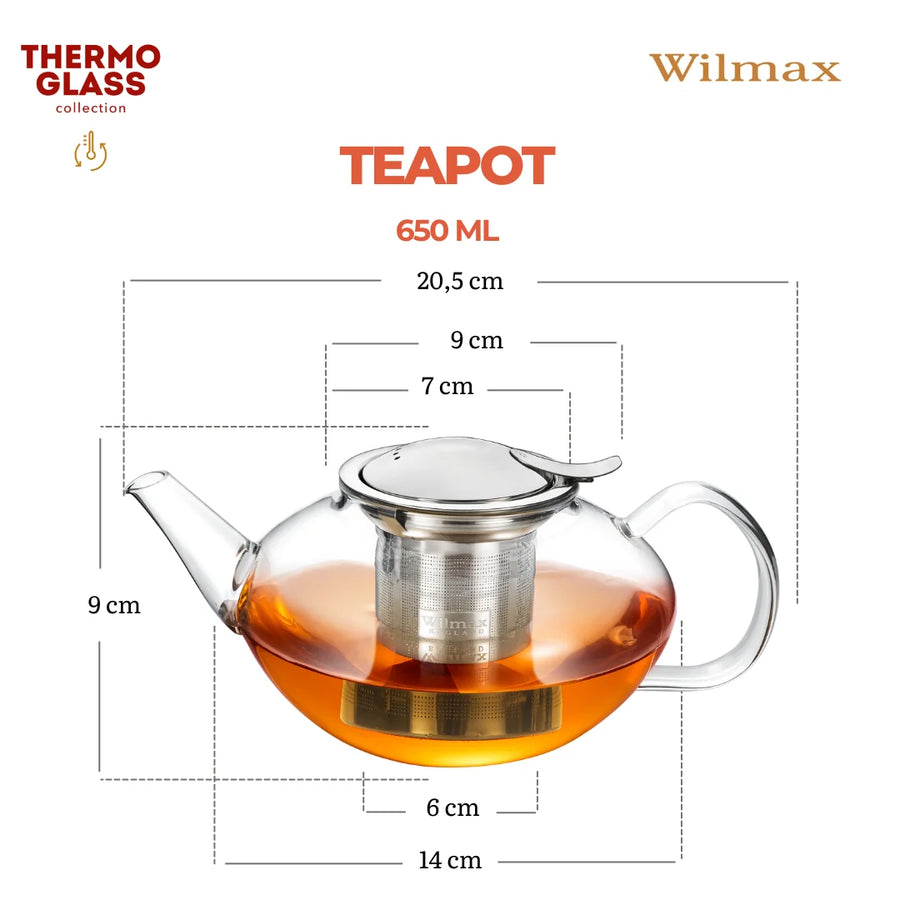 Wilmax Teekanne 650 ml mit Edelstahlfilter Transparent Thermoglas – Anwendungs- oder Detailansicht; Lieferumfang: 1 Stück