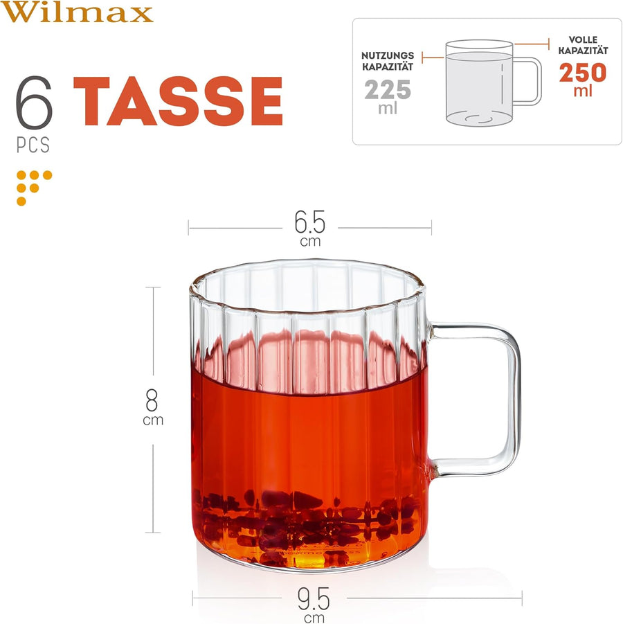 Wilmax Hitzebeständige Glastasse mit Henkel 250 ml 6er-Set Glas – Anwendungs- oder Detailansicht; Lieferumfang: 6 Stück
