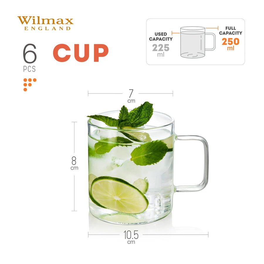 Wilmax Glastasse 250 ml 6er-Set Transparent Borosilikatglas – Anwendungs- oder Detailansicht; Lieferumfang: 6 Stück