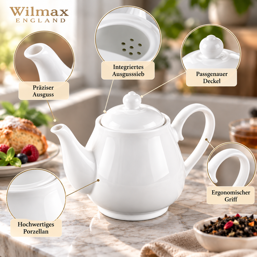 Wilmax Kaffee- und Teekanne mit Ausgusssieb 850 ml Weiß Porzellan – Anwendungs- oder Detailansicht; Lieferumfang: 1 Stück