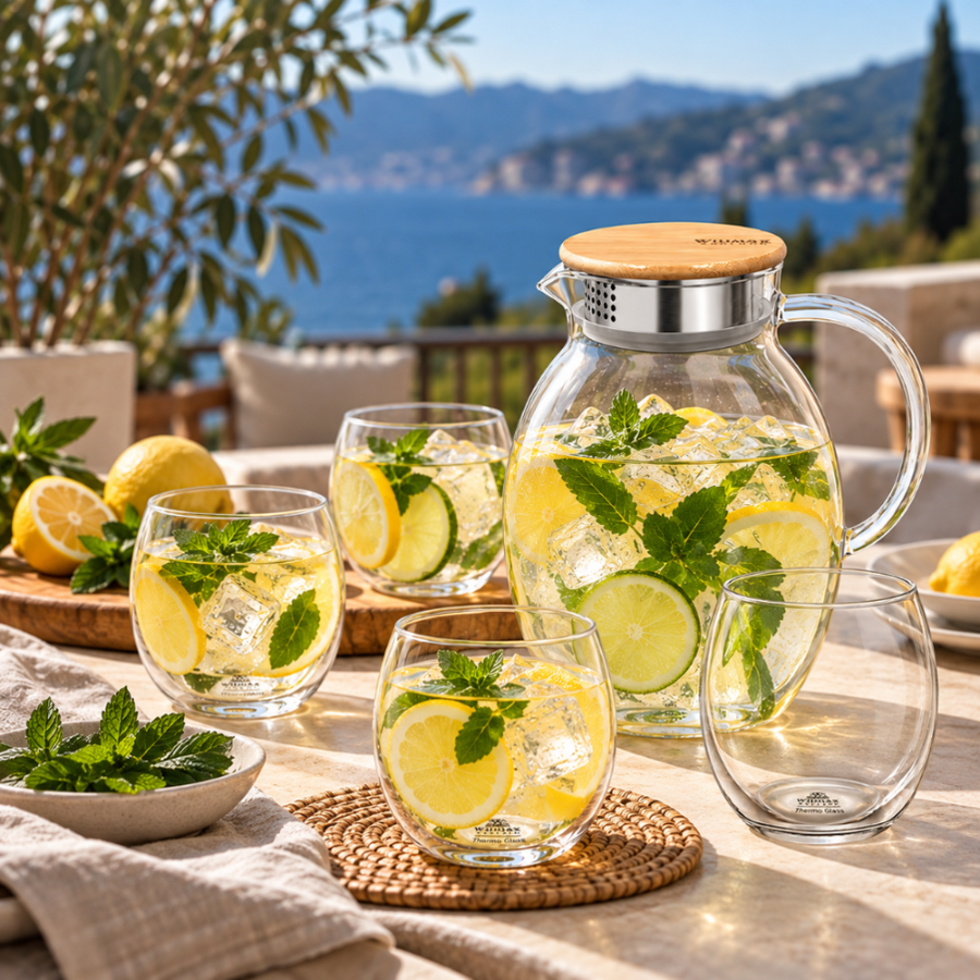Wilmax Krug 2400 ml mit Bambusdeckel und Filter Transparent Thermoglas – Anwendungs- oder Detailansicht; Lieferumfang: 1 Stück