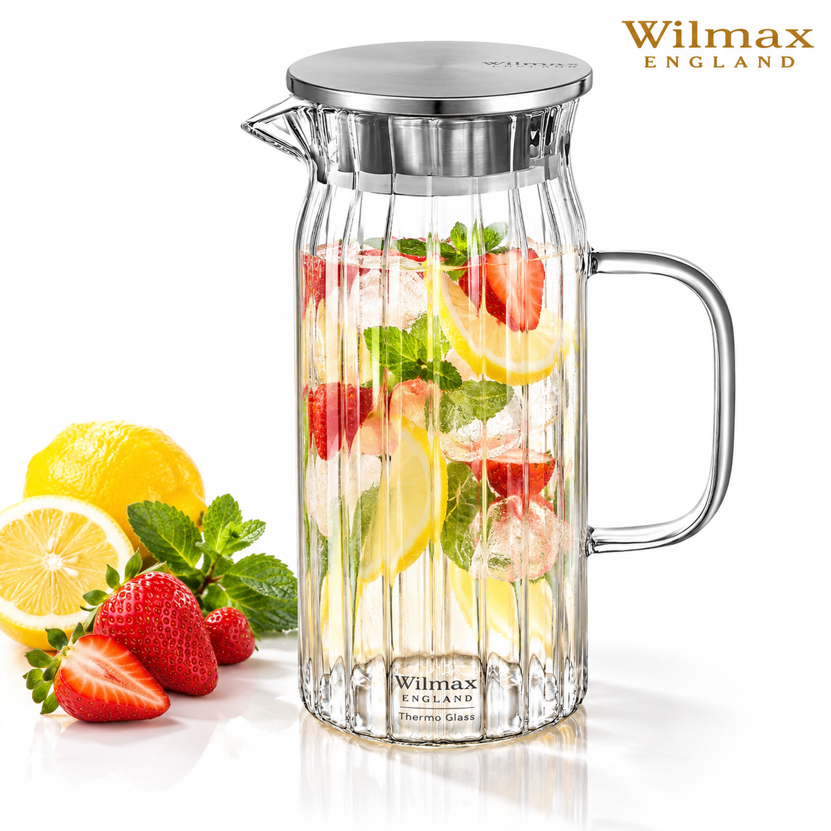 Wilmax Krug 1000 ml mit Edelstahldeckel Transparent Thermoglas – Produktansicht; Lieferumfang: 1 Stück