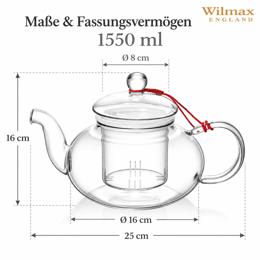 Wilmax Teekanne 1550 ml mit Glasfilter Transparent Thermoglas – Anwendungs- oder Detailansicht; Lieferumfang: 1 Stück